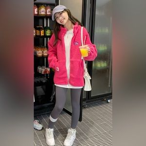 Pink fleece jacket . Fur coat . Bear coat.winter warm thick coat